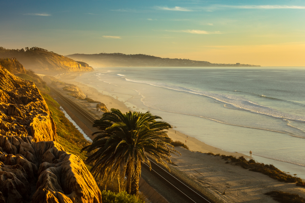 Sunset and marine layer at the Terry Pine beach, San Diego California, facing La Jolla city