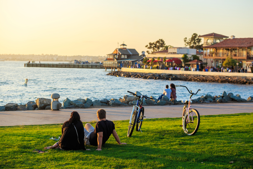 Sunset at San Diego Waterfront Public Park, Marina and the San Diego Skyline. California, United States