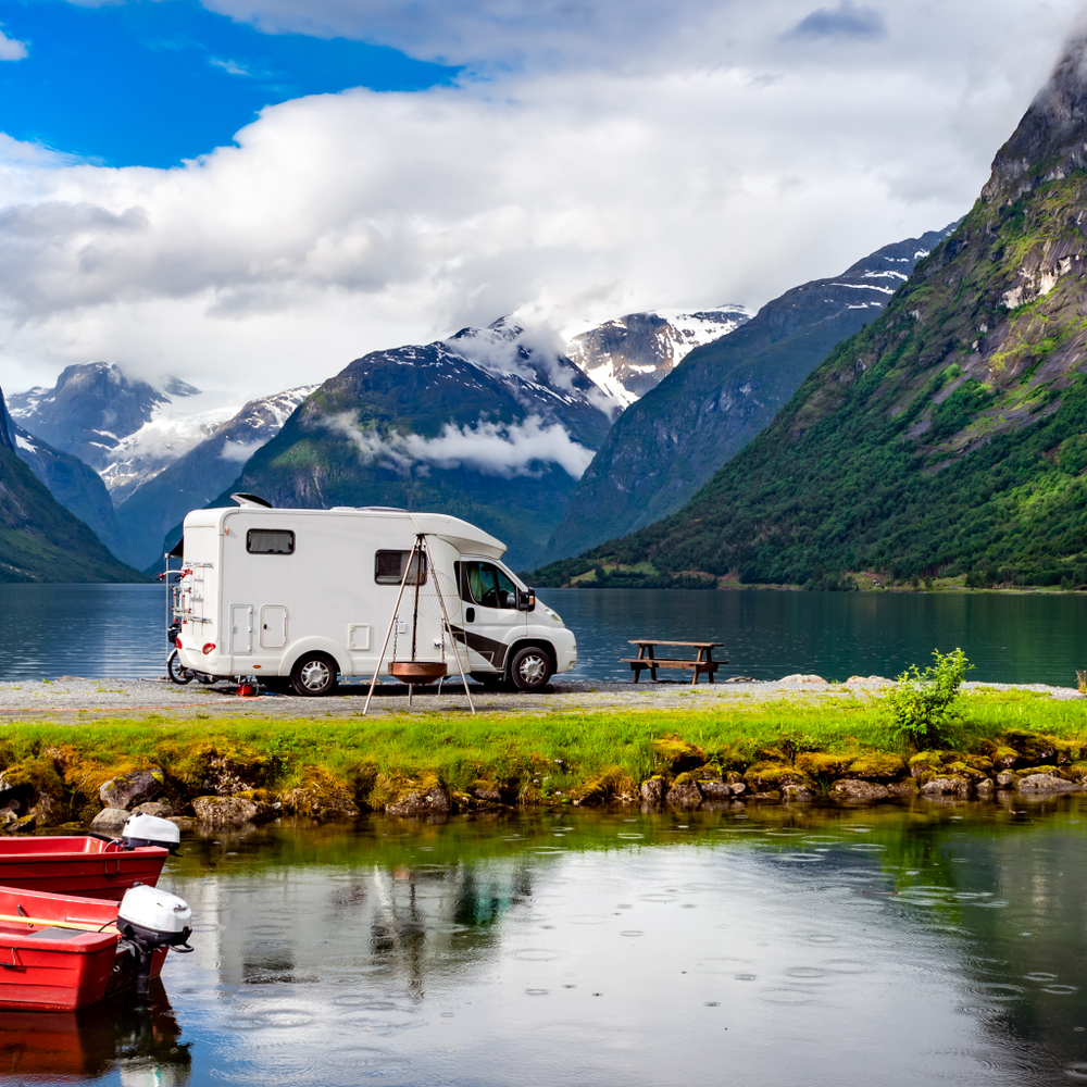 view across lake of rv and mountains