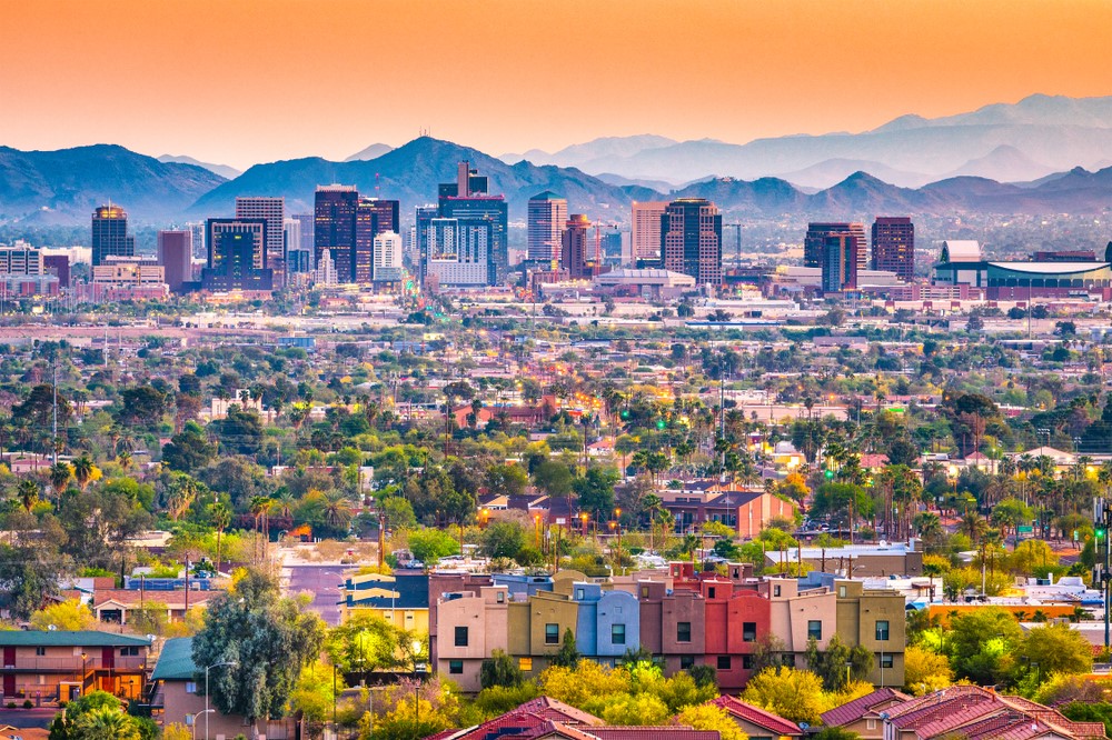 Aerial view of Phoenix, AZ during a sunrise