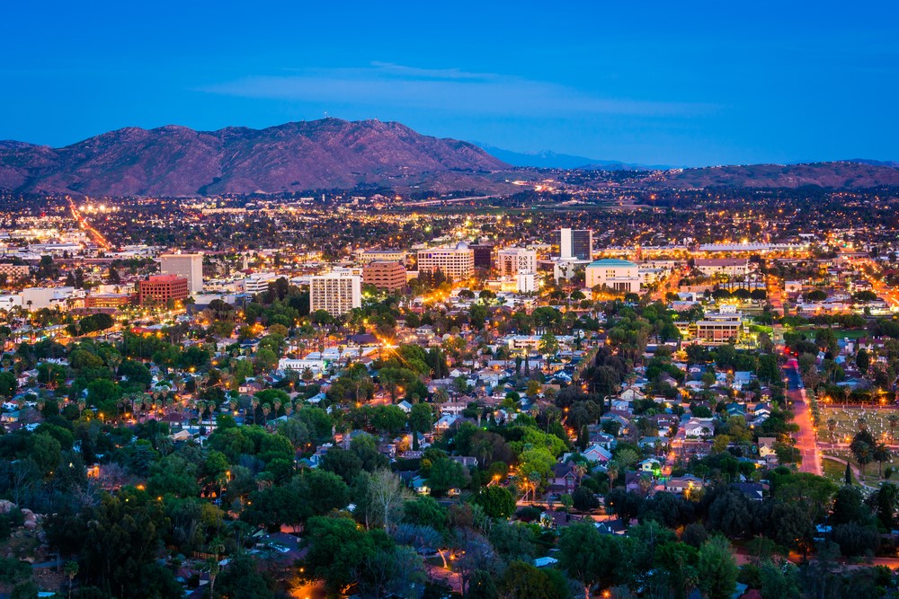 Aerial view of Riverside, CA at night
